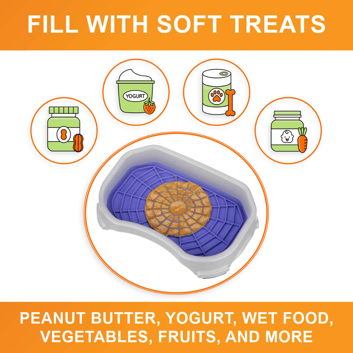 A picture of the Neat-Lik mat inside the protective tray with the text "Fill with soft treats peanut butter, yogurt, wet food, vegetables, fruits, and more."