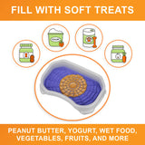 A picture of the Neat-Lik mat inside the protective tray with the text "Fill with soft treats peanut butter, yogurt, wet food, vegetables, fruits, and more."
