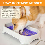A dog licking from a Neat Lik Mat with Tray. Bullets on the image call out that treats stay contained in the tray, the tray reduces chewing of the mat, and that it prevents pets from carrying the mat around the house.