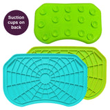 Aquamarine and green Neat-Lik Express licking mats for dogs and cats, shown face up with the spiderweb licking surface and the suction cups on the back