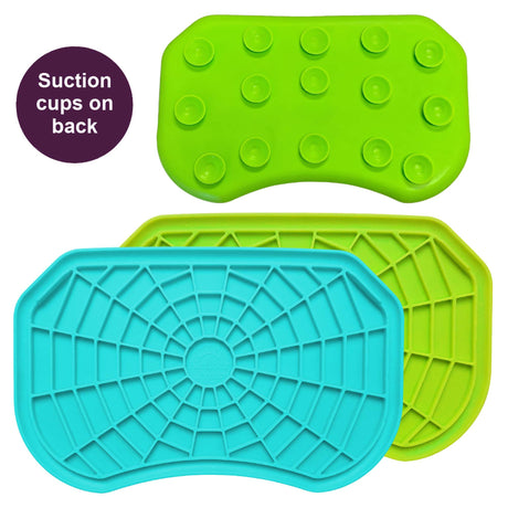 Aquamarine and green Neat-Lik Express licking mats for dogs and cats, shown face up with the spiderweb licking surface and the suction cups on the back