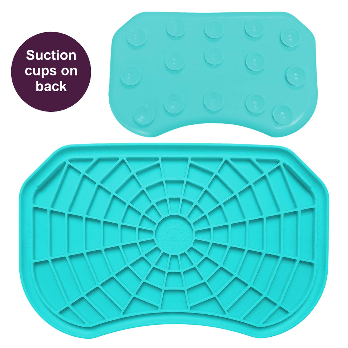 Aquamarine Neat-Lik Express licking mat for dogs and cats, shown face up with its spiderweb licking surface and from the back with its suction cups