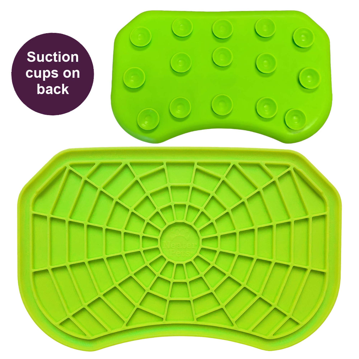 Green Neat-Lik Express licking mat for dogs and cats, shown face up with its spiderweb licking surface and from the back with its suction cups