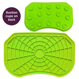 Green Neat-Lik Express licking mat for dogs and cats, shown face up with its spiderweb licking surface and from the back with its suction cups