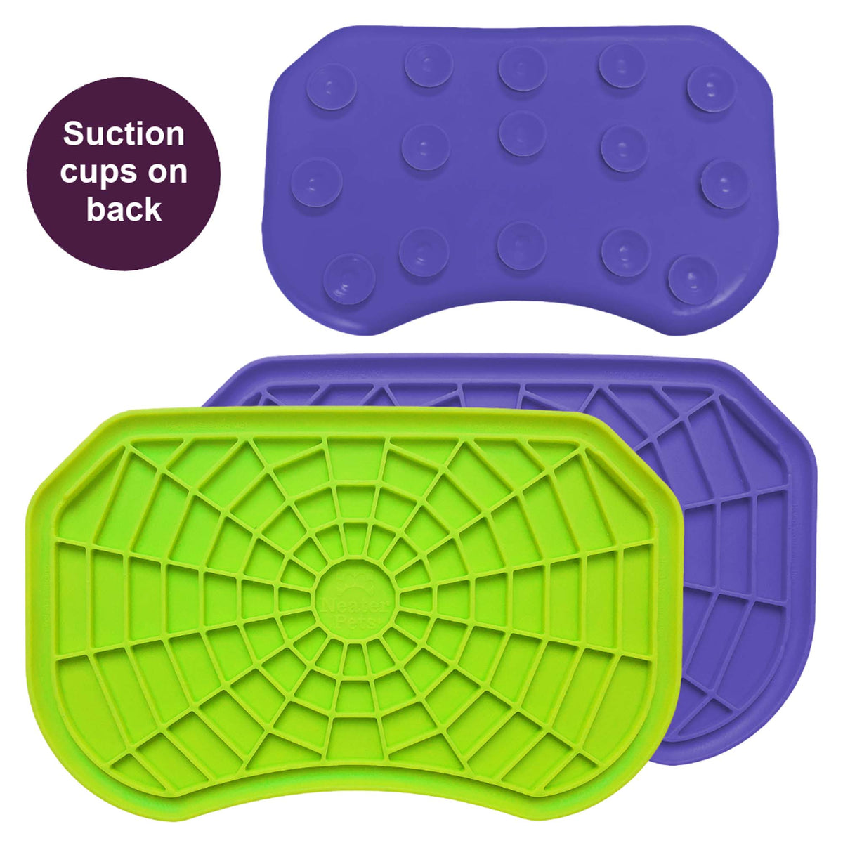Green and purple Neat-Lik Express licking mats for dogs and cats, shown face up with the spiderweb licking surface and the suction cups on the back