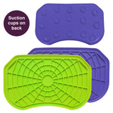 Green and purple Neat-Lik Express licking mats for dogs and cats, shown face up with the spiderweb licking surface and the suction cups on the back