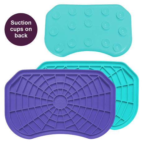Purple and aquamarine Neat-Lik Express licking mats for dogs and cats, shown face up with the spiderweb licking surface and the suction cups on the back