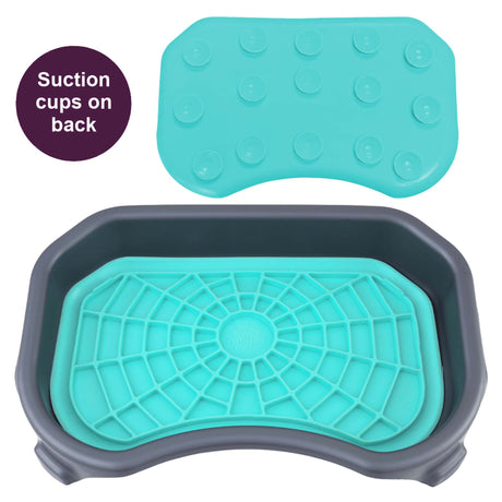 Aquamarine Neat-Lik Express licking mat for dogs and cats shown in its grey mess-proof tray, with suction cups on the back of the mat