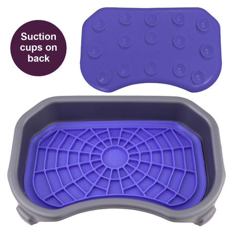 Purple Neat-Lik Express licking mat for dogs and cats shown in its grey mess-proof tray, with suction cups on the back of the mat