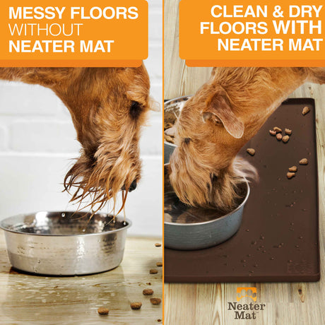 Pictures showing a messy floor without the Neater Mat vs a clean flood with the Neater Mat