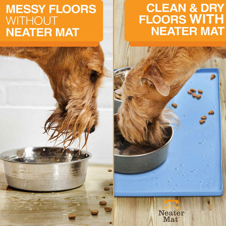 Pictures showing a messy floor without the Neater Mat vs a clean flood with the Neater Mat