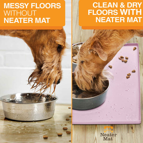 Pictures showing a messy floor without the Neater Mat vs a clean flood with the Neater Mat