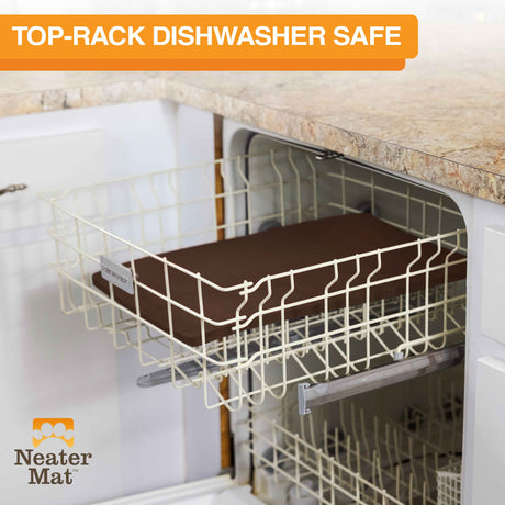 The Neater Mat being placed in the top rack of the dishwasher