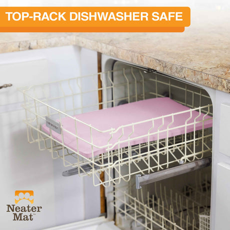 The Neater Mat being placed in the top rack of the dishwasher