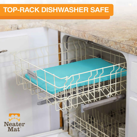 The Neater Mat being placed in the top rack of the dishwasher