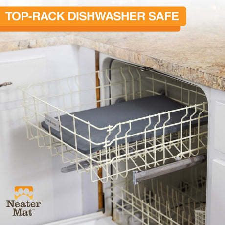 The Neater Mat being placed in the top rack of the dishwasher