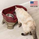 Cat eating from Cranberry Neater Feeder Deluxe - Made in the USA