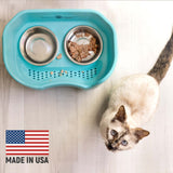 Cat next to Aquamarine Neater Feeder Deluxe - Made in the USA