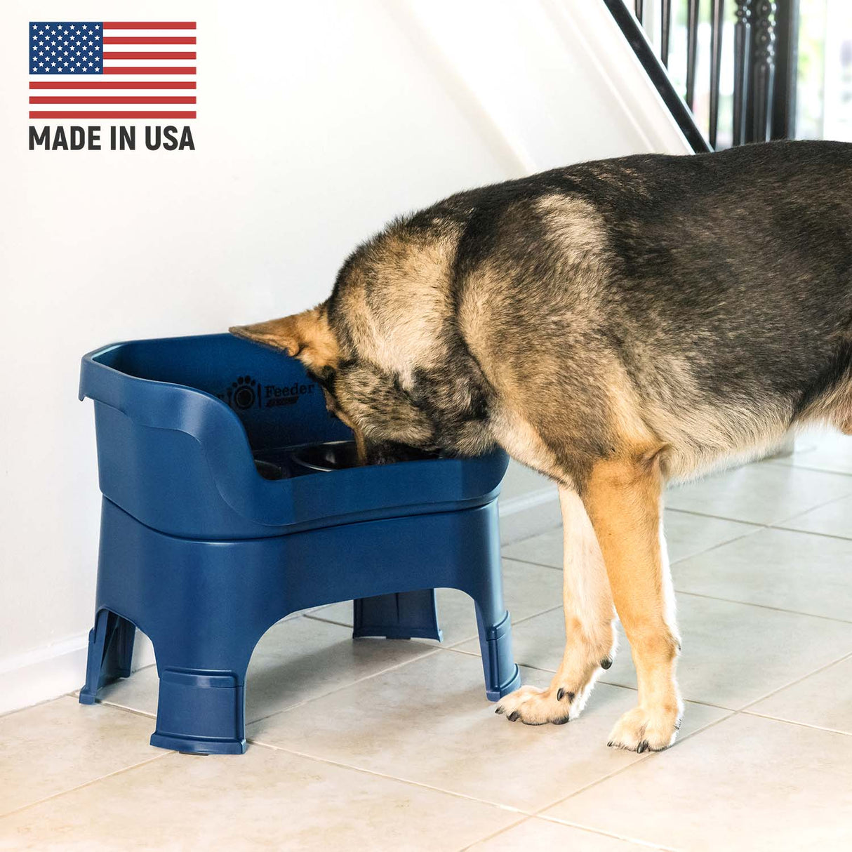 German Shepherd eating from Dark Blue Neater Feeder Deluxe - Made in the USA