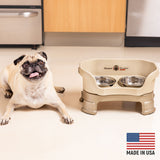 Pug next to Cappuccino Neater Feeder Deluxe - Made in the USA
