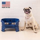 Pug next to Dark Blue Neater Feeder Deluxe - Made in the USA