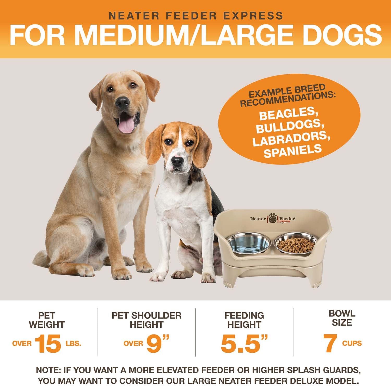 A diagram with sizing information for the medium to large EXPRESS Neater Feeder with Stainless Steel bowls. The picture displays the ideal pet weight, shoulder height, and the feeding height and bowl capacity. 