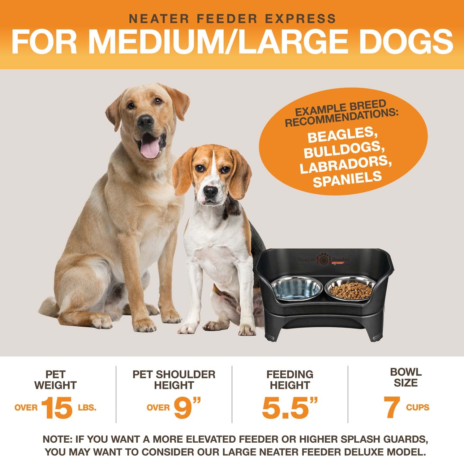 A diagram with sizing information for the medium to large EXPRESS Neater Feeder with Stainless Steel Bowls. The picture displays the ideal pet weight, shoulder height, and the feeding height and bowl capacity. 
