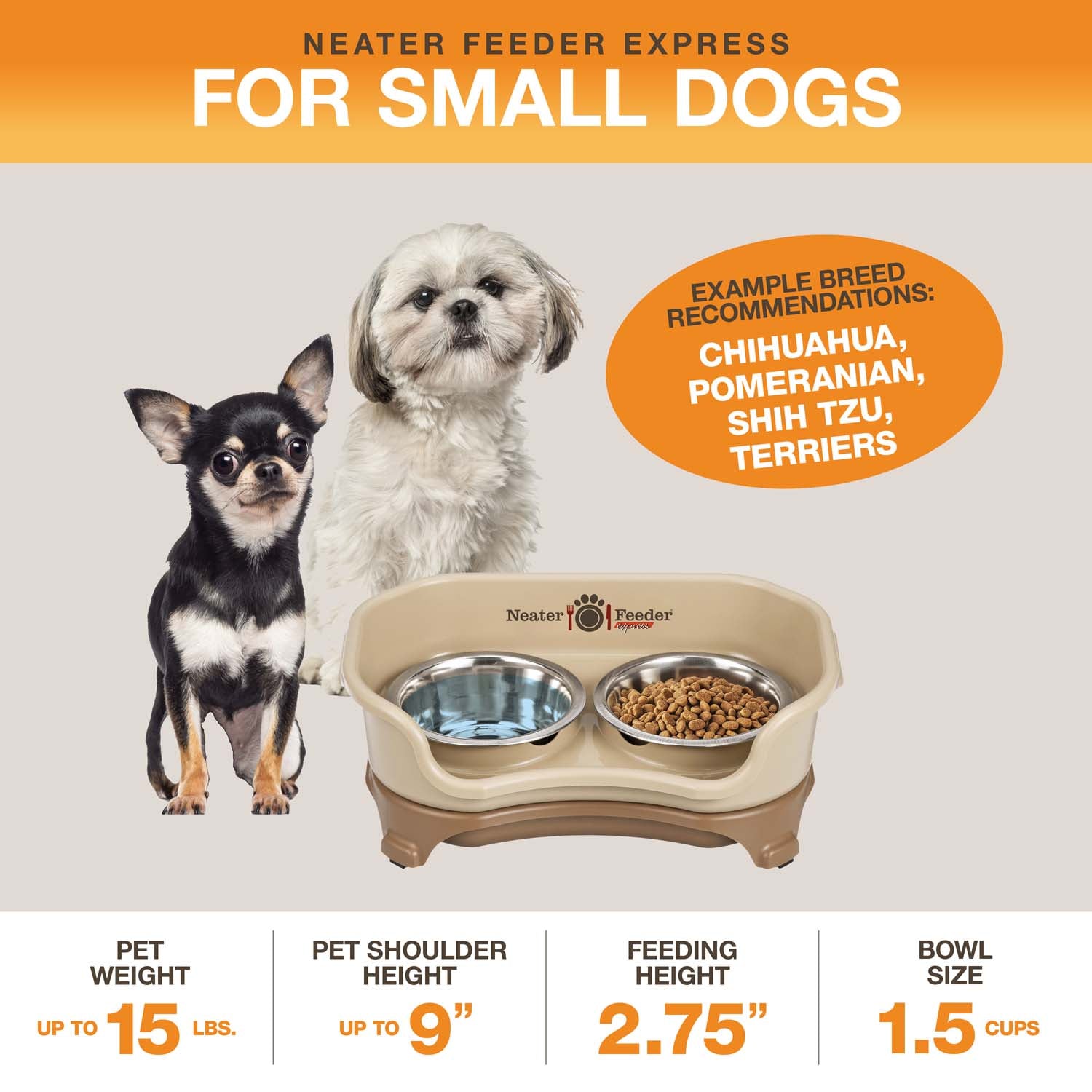 A diagram with sizing information for the small EXPRESS Neater Feeder with Stainless Steel Bowls. The picture displays the ideal pet weight, shoulder height, and the feeding height and bowl capacity. 