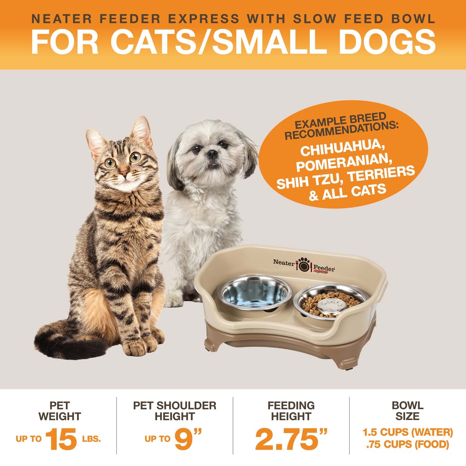 A diagram with sizing information for the small EXPRESS Neater Feeder with Stainless Steel Slow Feed Bowl. The picture displays the ideal pet weight, shoulder height, and the feeding height and bowl capacity. 