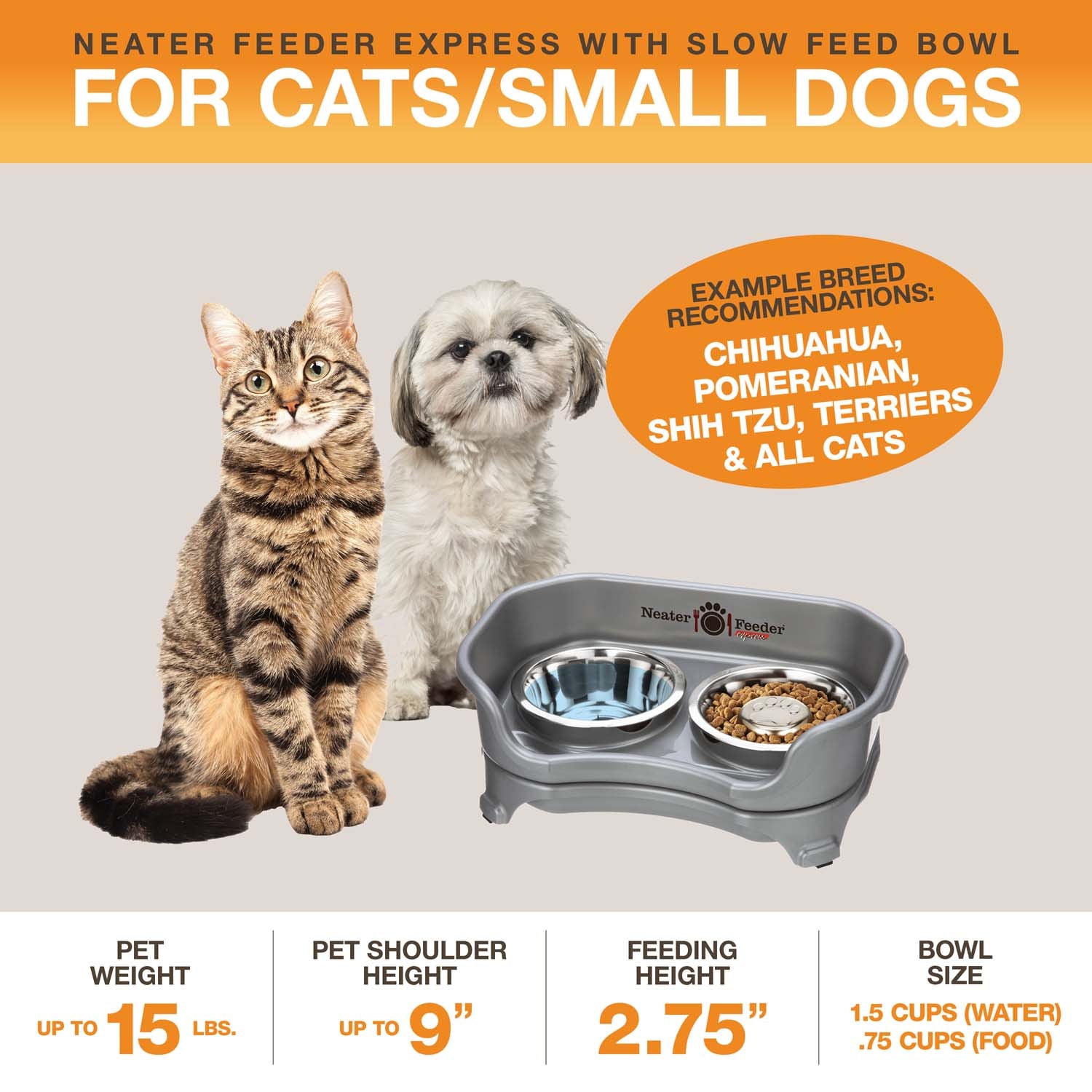 A diagram with sizing information for the small EXPRESS Neater Feeder with Stainless Steel Slow Feed Bowl. The picture displays the ideal pet weight, shoulder height, and the feeding height and bowl capacity.