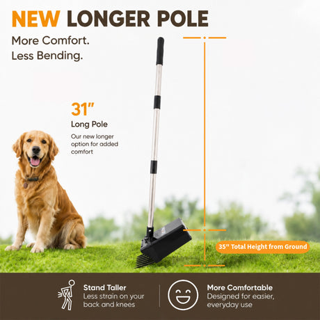 Dog grooming tool with a longer pole, featuring a dog on grass and measurement details.
