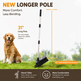 Dog grooming tool with a longer pole, featuring a dog on grass and measurement details.