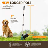 Dog grooming tool with a longer pole, featuring a dog on grass and measurement details.