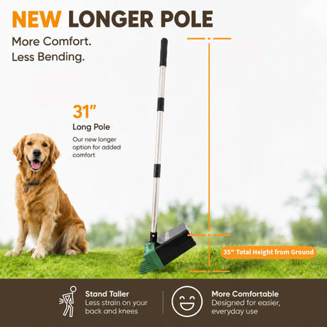 Dog grooming tool with a longer pole, featuring a dog on grass and measurement details.