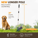 Dog grooming tool with a longer pole, featuring a dog on grass and measurement details.