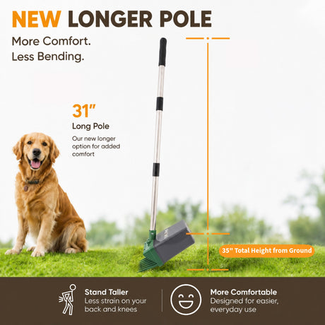 Dog grooming tool with a longer pole, featuring a dog on grass and measurement details.