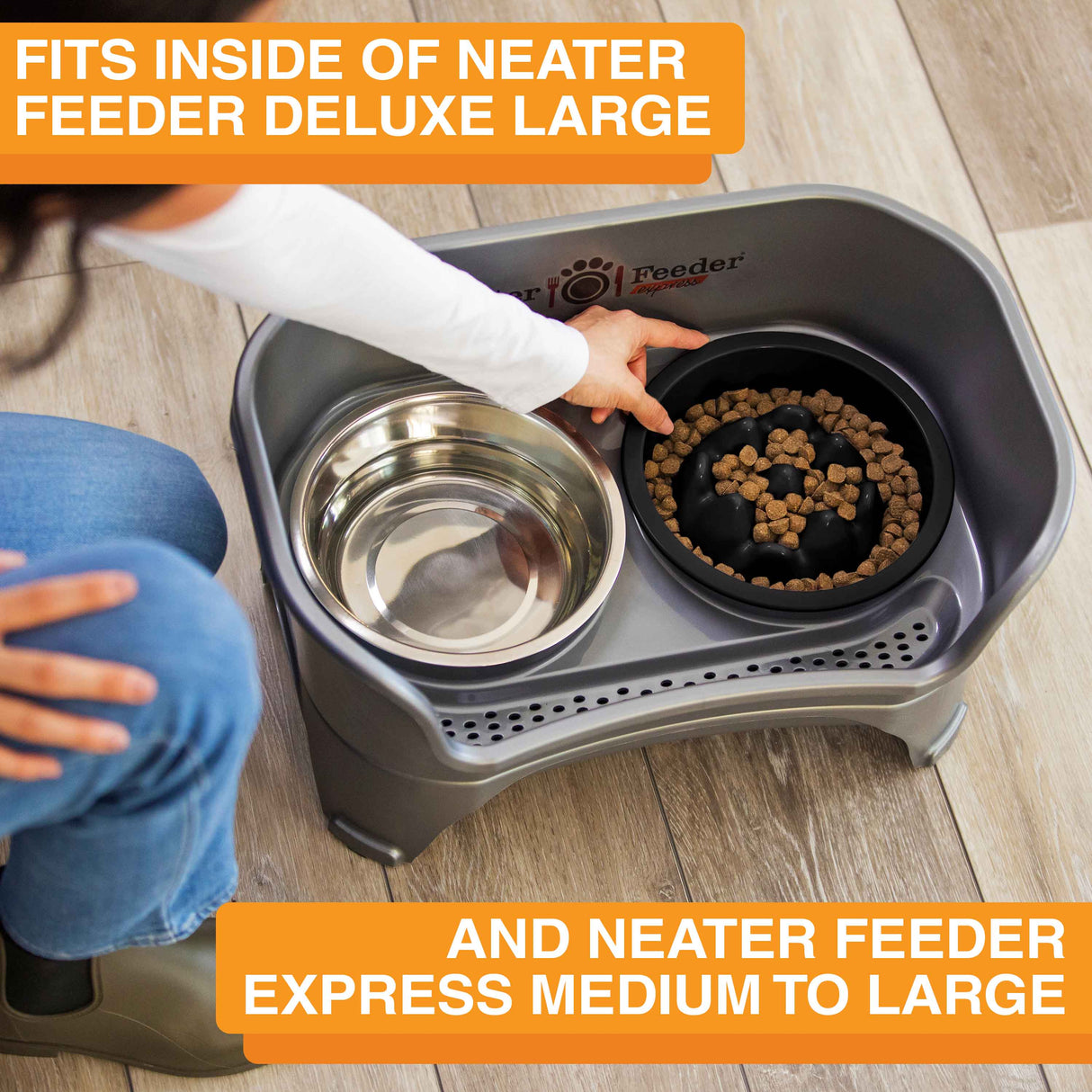 Woman placing The Niner inside the Express Medium to Large Neater Feeder. Text mentions that the Niner fits inside the Deluxe and Express large Neater Feeders.