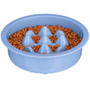 The Niner in Blue with kibble inside the feeder against a white background.