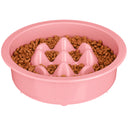 Niner in Pink with kibble inside the feeder against a white background.