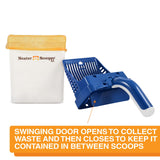 Swinging door opens to collect waste and then closes to keep it contained in between scoops