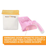 Swinging door opens to collect waste and then closes to keep it contained in between scoops