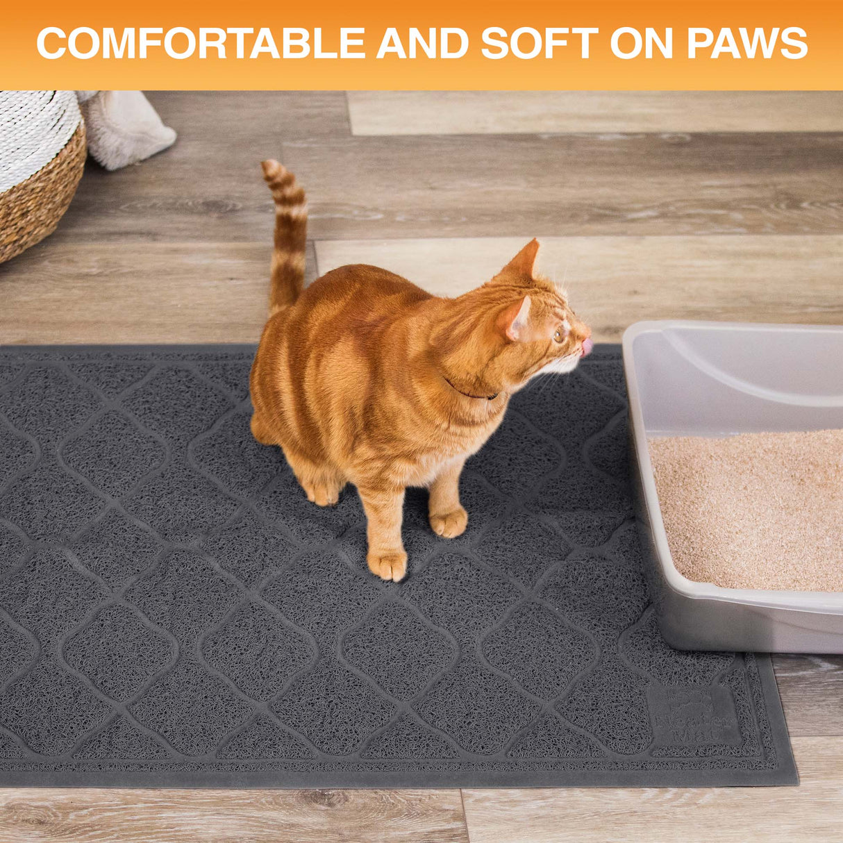 Cat standing on a textured mat next to a litter box with text 'Comfortable and soft on paws'.