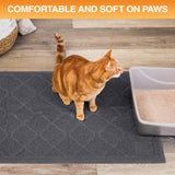 Cat standing on a textured mat next to a litter box with text 'Comfortable and soft on paws'.