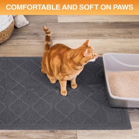 Cat standing on a textured mat next to a litter box with text 'Comfortable and soft on paws'.