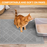 Cat standing on a textured mat next to a litter box with text 'Comfortable and soft on paws'.