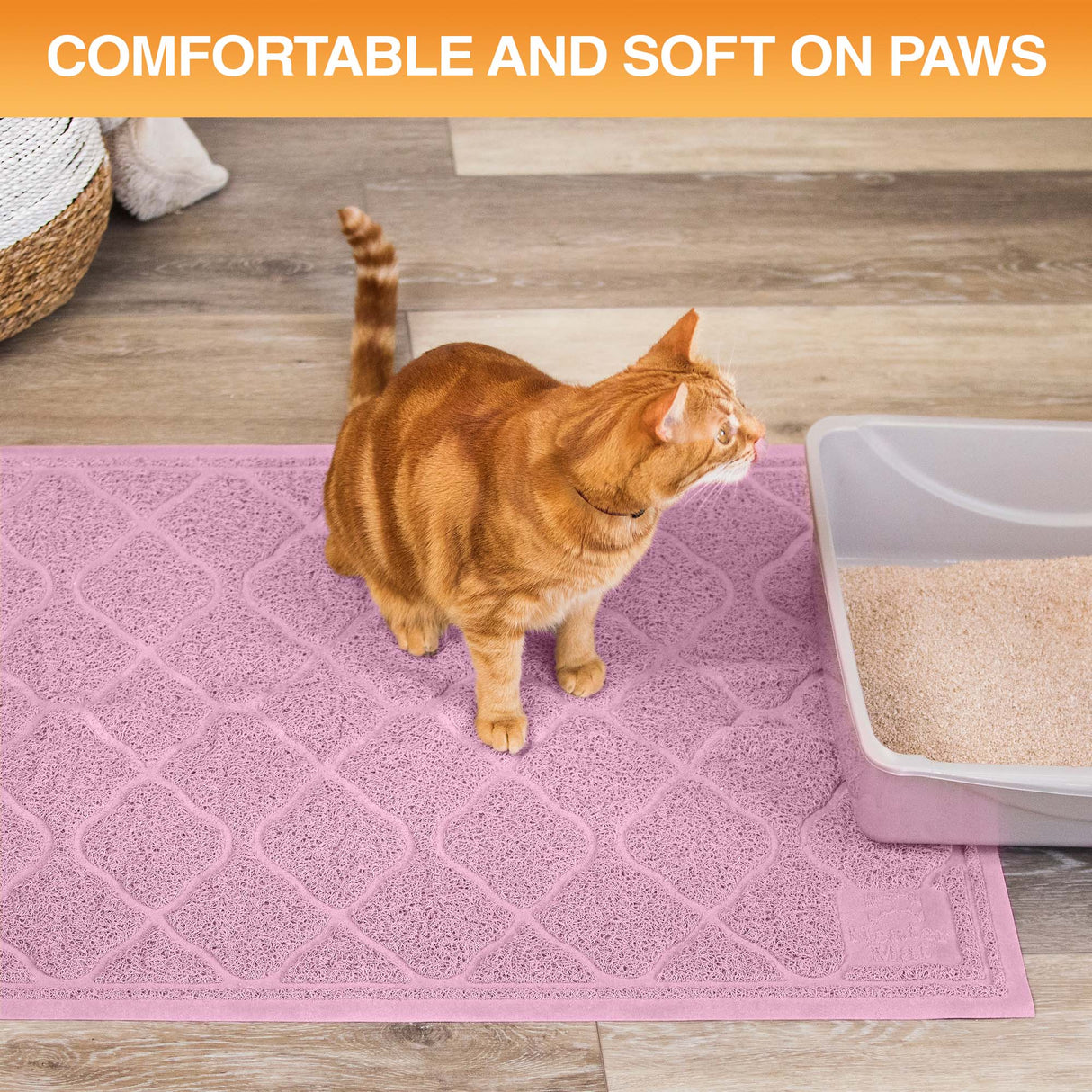 Cat standing on a textured mat next to a litter box with text 'Comfortable and soft on paws'.