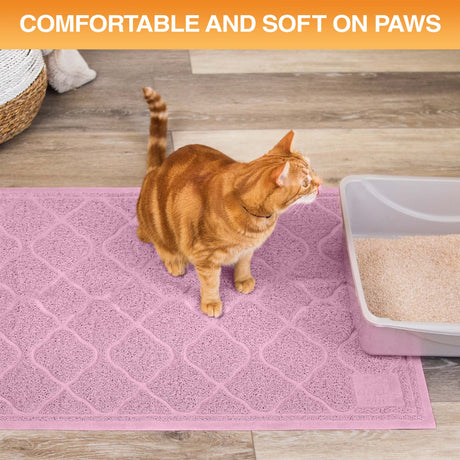Cat standing on a textured mat next to a litter box with text 'Comfortable and soft on paws'.