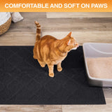 Cat standing on a textured mat next to a litter box with text 'Comfortable and soft on paws'.