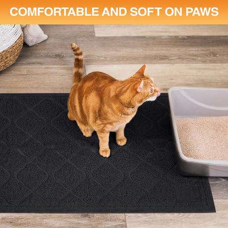 Cat standing on a textured mat next to a litter box with text 'Comfortable and soft on paws'.