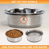 Set of two stainless steel bowls for food and water with a label indicating a 2-pack on a light background.